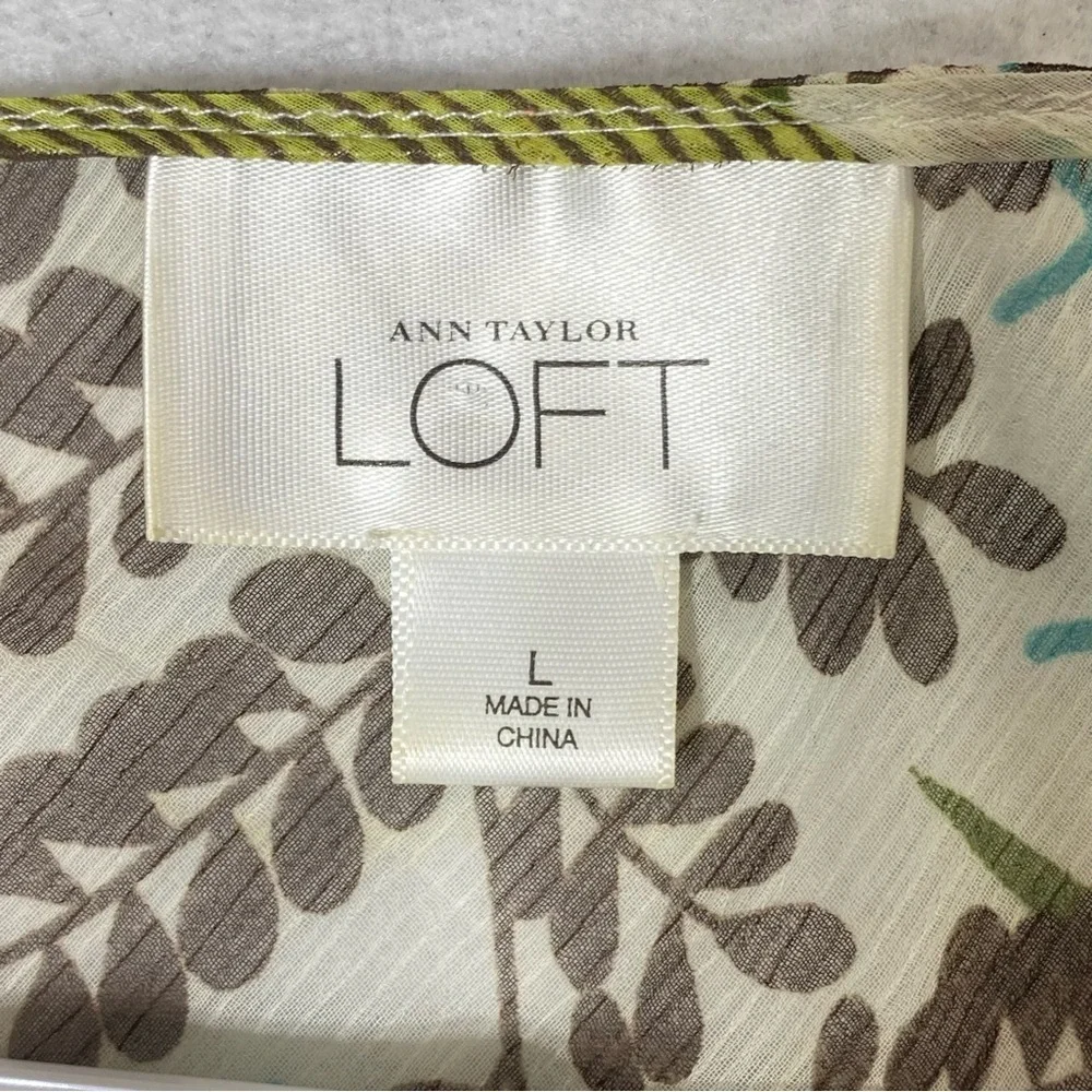 Loft Tropical Hawaiian Floral Top Womens L Green Sheer V Neck Long Sleeve Resort
